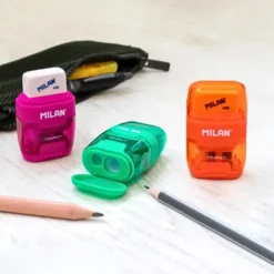 MILAN COMPACT Sharpener + 2 x Erasers [Assorted Colours]