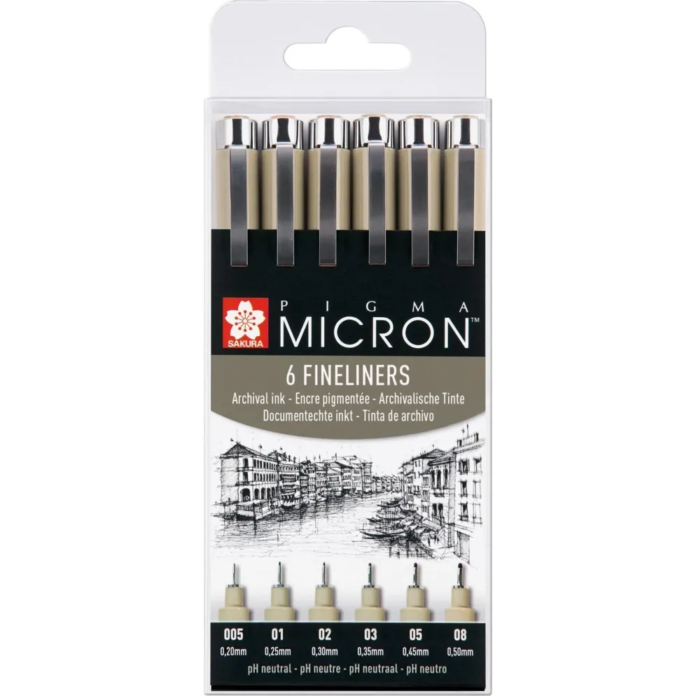 Sakura Pigma Micron Wallet 6 Fineliners, Black
