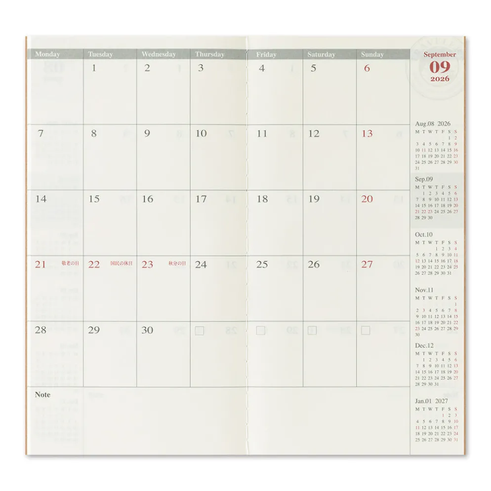 Traveler's Notebook 2026 Monthly Diary Refill – Regular Size