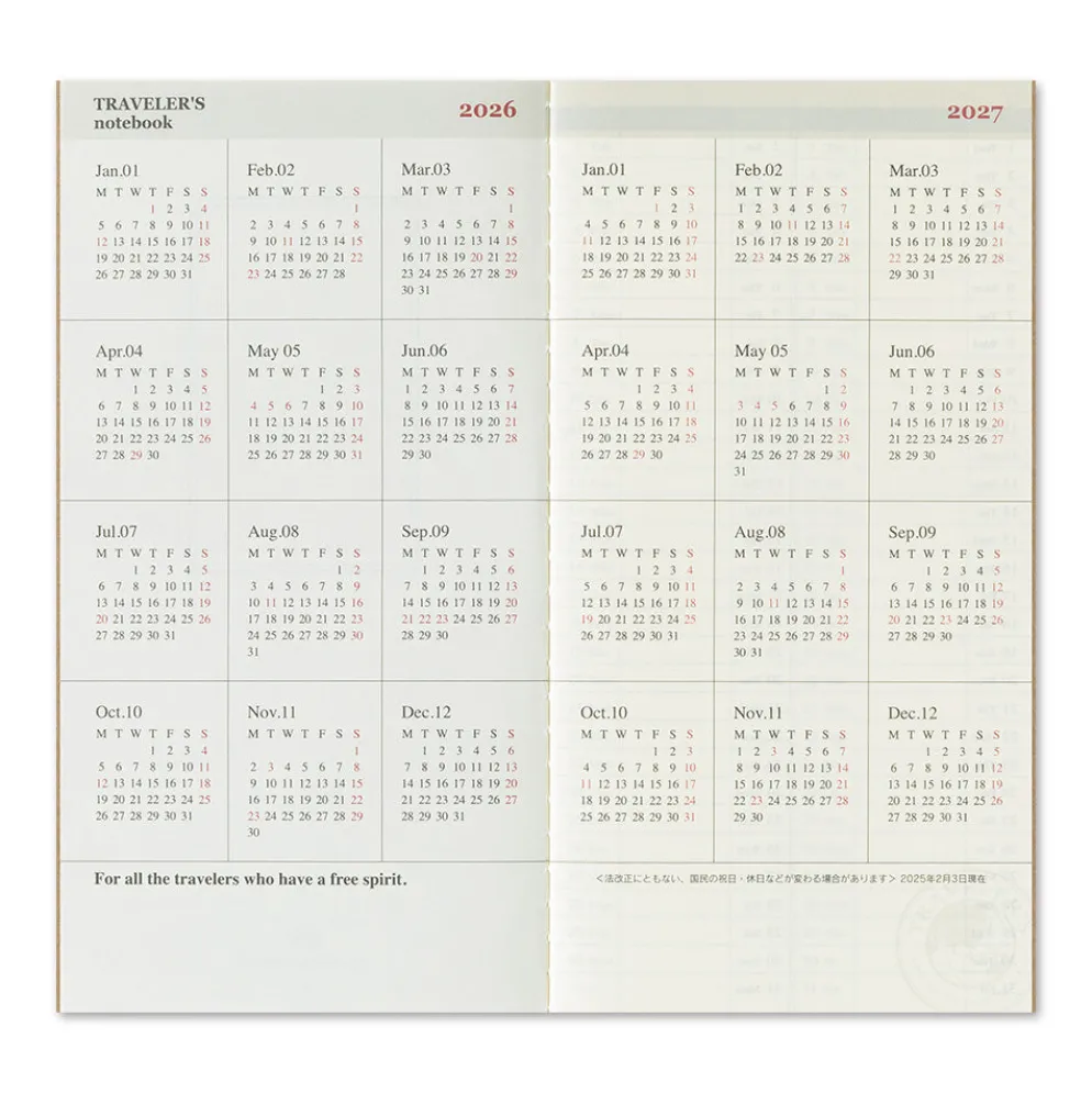 Traveler’s Notebook 2026 Second Half Weekly Memo Diary – (July to Dec.) Refill